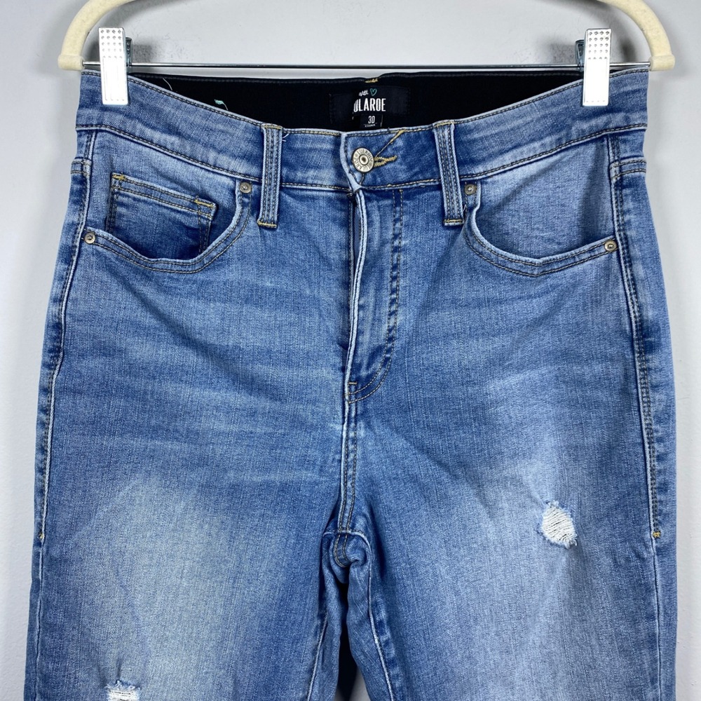 LuLaRoe Distressed Skinny Jeans 30 Blue High Rise Raw Hem Magic Waist Ankle